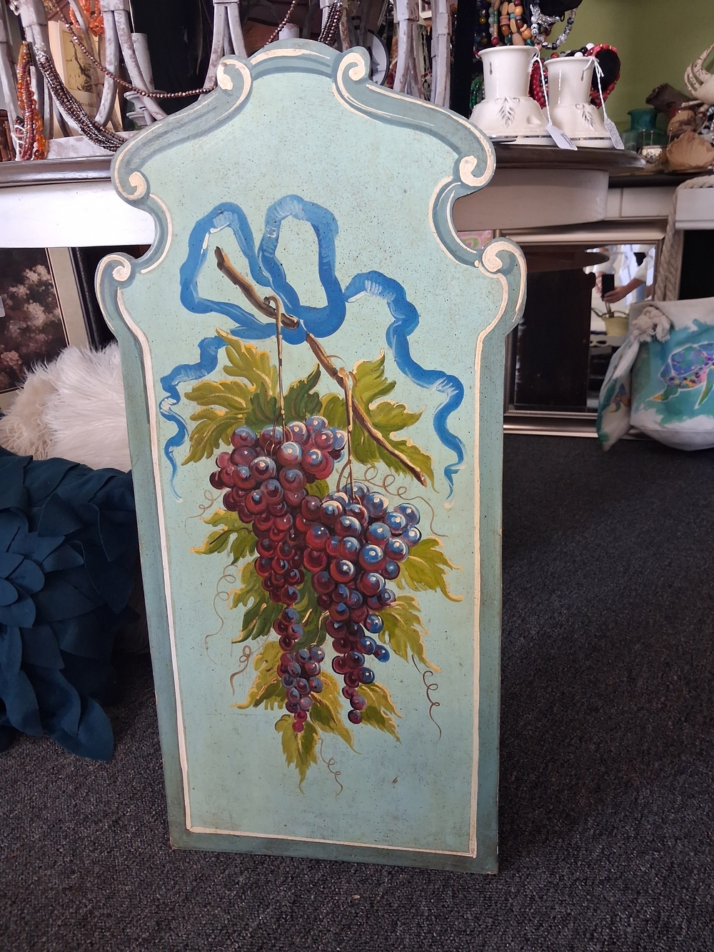 Hand-Painted Grape Cluster Wall Panel in Light Blue